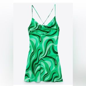 Zara Green Swirl Satin Cowl Neck Shift Dress